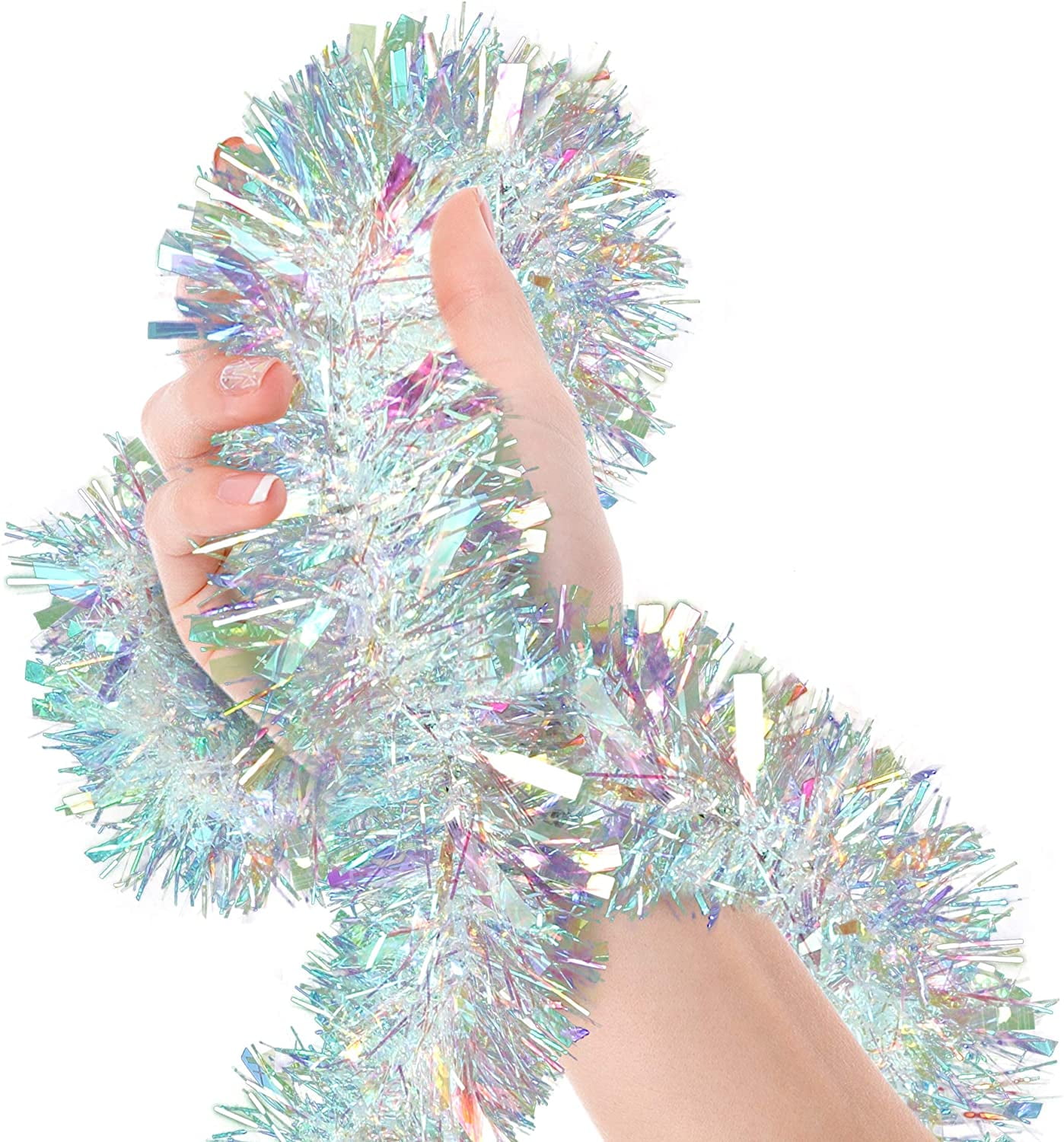 Iridescent White Christmas Fringe Tinsel Garland Metallic Streamers Unicorn Birthday Celebrate a Holiday New Years Eve Party Indoor and Outdoor Tinsel Decorations Supplies