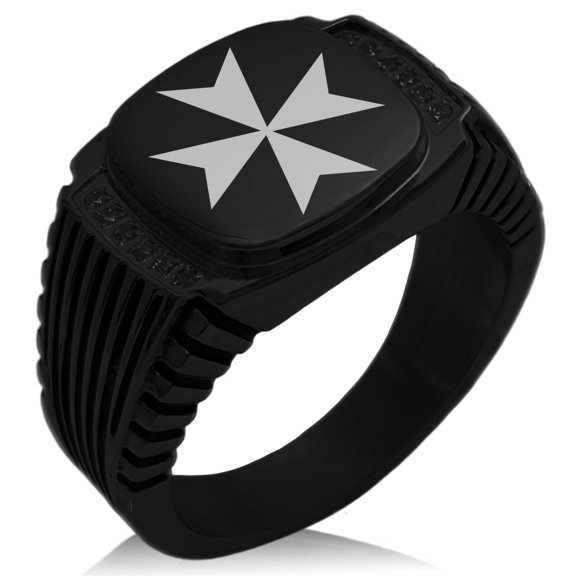 Stainless Steel Maltese Cross CZ Ribbed Needle Stripe Pattern Biker Style Polished Ring