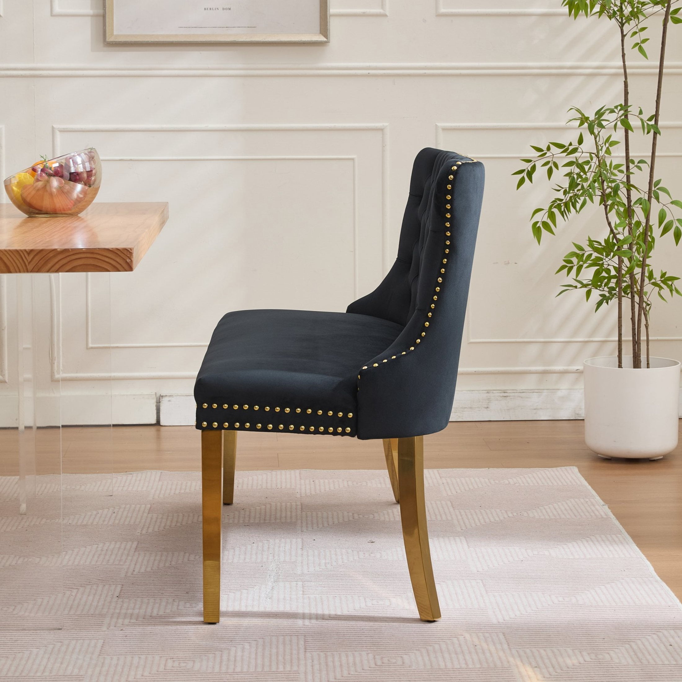 Noble House 2-Seat Velvet Dining Bench, Tufted Wingback Upholstery, Steel Legs, Black + Gold