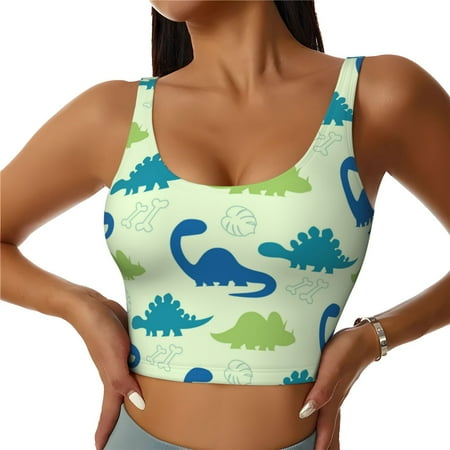 Jgfou Cute Dinosaur Blue Green Print Womens Sports Bra - Padded Workout Sports Bras Crop Tank Top