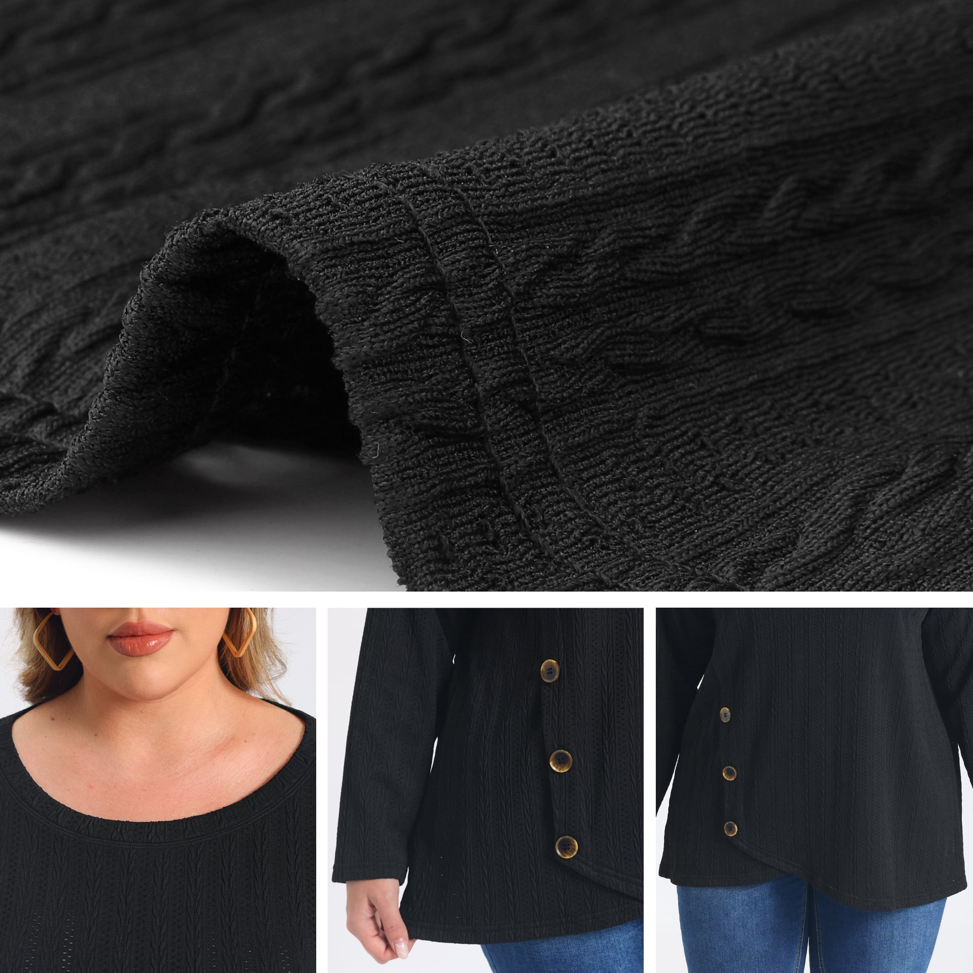 DARING DIVA Women's Plus Crew Neck Crossover Hem Long Sleeve 3X Black