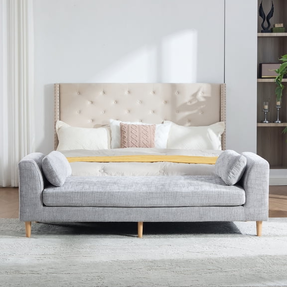 83.1"Wide Modern Upholstered End of Bed Bench with Armrests, Chenille Chaise Lounge Couch with 2 Bolster Pillows, Daybed with Rubberwood Legs For Living Room,Bedroom,Apartment,Guestroom, Gray