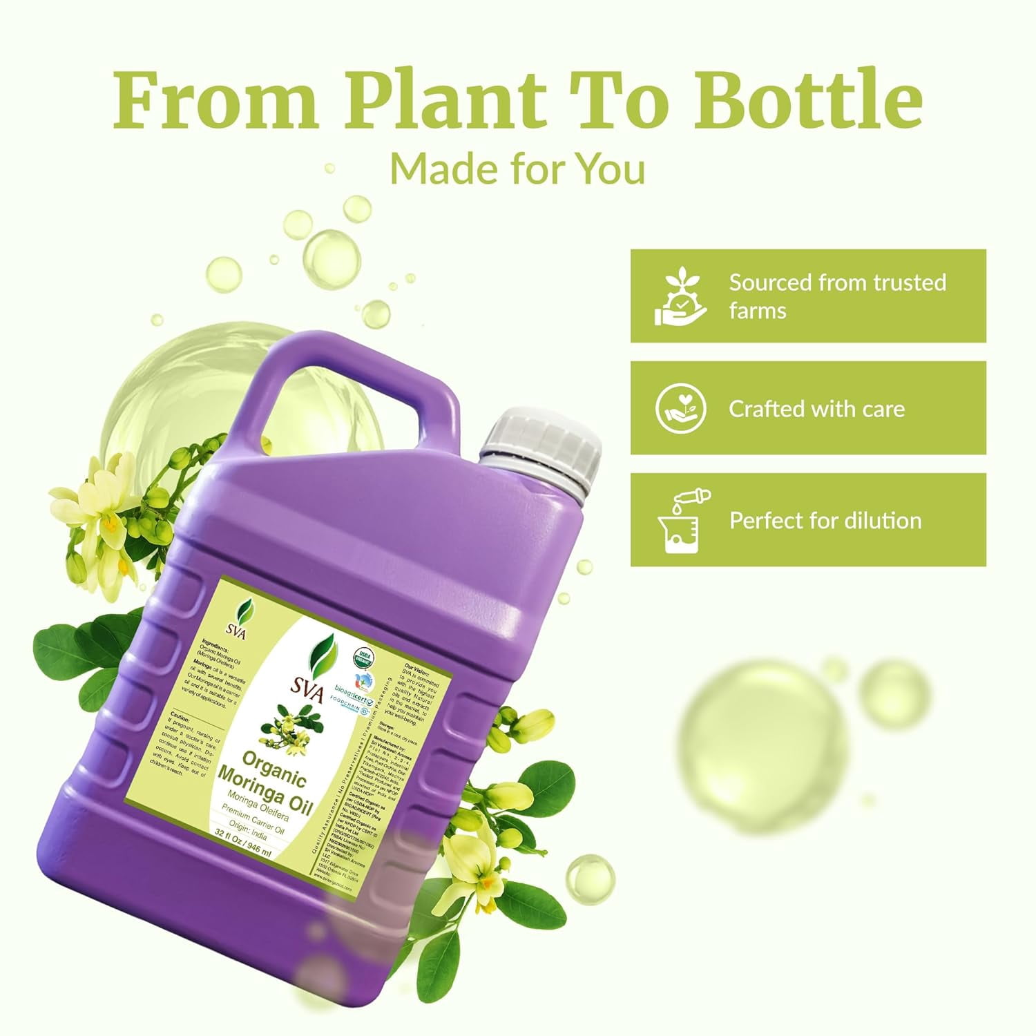 SVA Moringa Seed Oil Organic - 32 Fl Oz – 100% Natural Cold Pressed Moringa Oil - for Face, Skin Care, Hair Care, Scalp Massage & Body Massage – Carrier Oil with Dropper