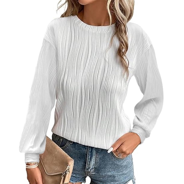 Ailaofu Womens Tops Trendy Dressy Casual Long Sleeve Crewneck Basic T Shirts Solid Loose Textured Blouses Outfits