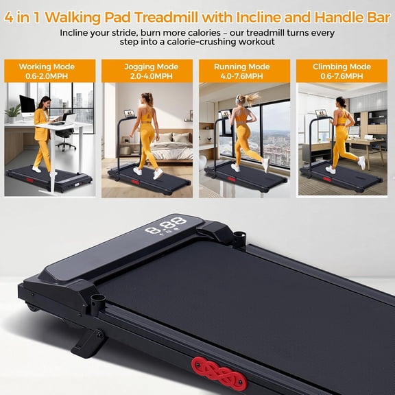 Walking Pad with Handle Bar, 2026 Upgrade Portable Small Treadmill with Handles for Home Small, 3.0HP Under Desk Walking Pad Treadmill with Incline, 0.6-7.6MPH, 350LBS