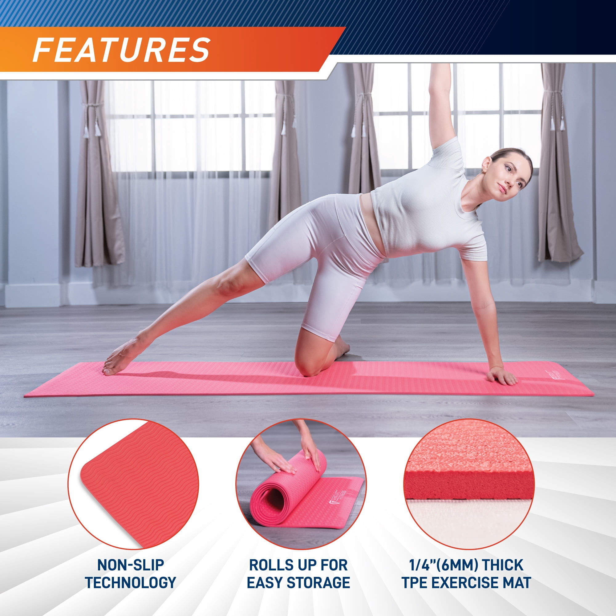Circuit Fitness by Marcy Non-Slip Multi-Purpose Exercise Yoga Mats with Carrying Strap 1/4" Thick MAT-06-ORANGE