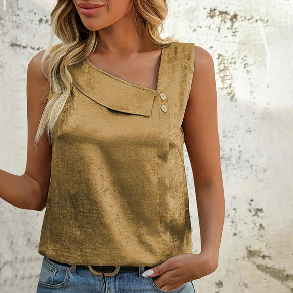 Plus Size Tank Tops for Women Sleeveless V-Neck Button Collar Solid Color Casual Blouse Gold XXXL