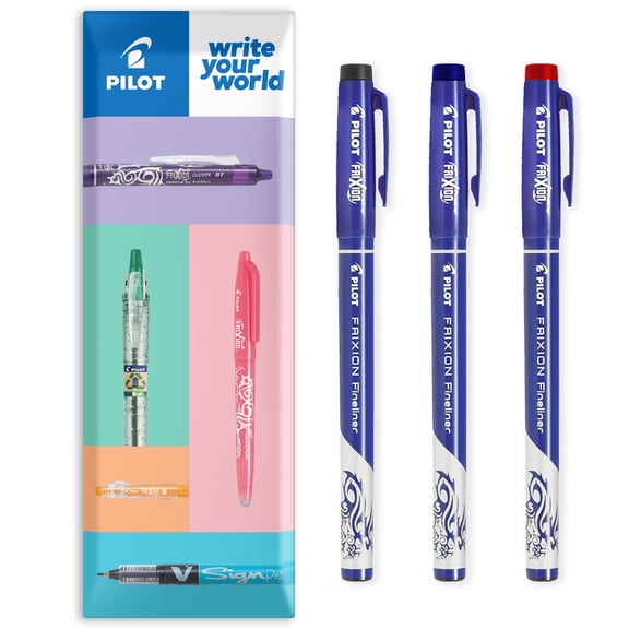 Pilot FriXion Fineliner - Fine Line Erasable Marker Pens - 1.3mm - Black, Blue, Red Ink - Wallet of 3