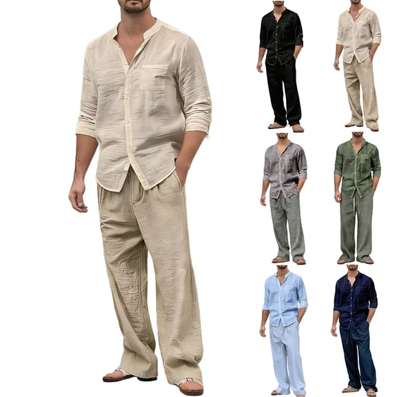 UVEASISHA Men's Cotton Linen 2 Piece Outfits Long Sleeve Button Down Shirt and Loose Pants Sets Summer Beach Outfit Casual Loungewear Set Army Green L