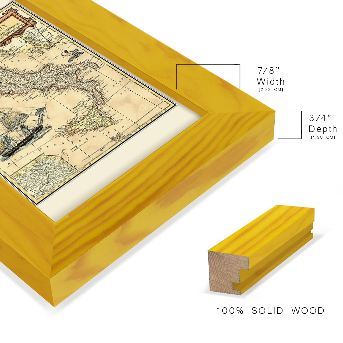 Italy Map -Framed Print w/glass-Sunflower Yellow
