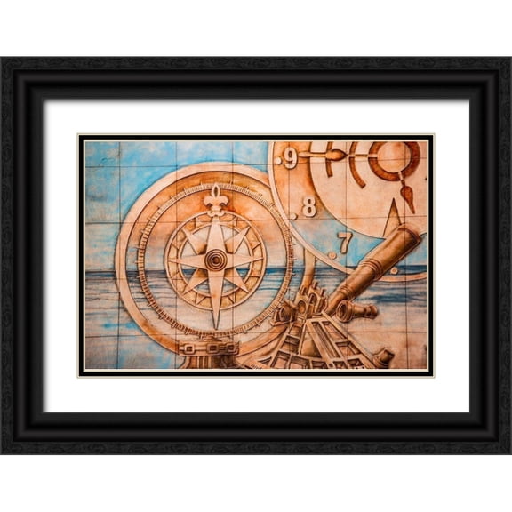 Jones, Alison 24x17 Black Ornate Wood Framed with Double Matting Museum Art Print Titled - Nile River Expedition-Lower Egypt-Cairo Mural of compass and clock signifying Egypts early advances