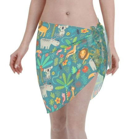 Qekee Jungle Animals Women s Short Sarongs Cover Ups Sheer Bikini Wraps for Swimwear