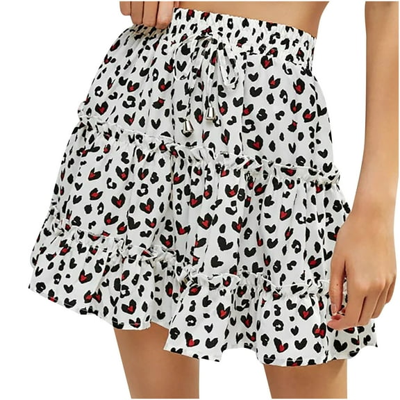 JINMGG Womens Plus Size Clearance $5 Women Summer Casual Bohe High Waist Ruffled Floral Print Beach Short Skirt White XL