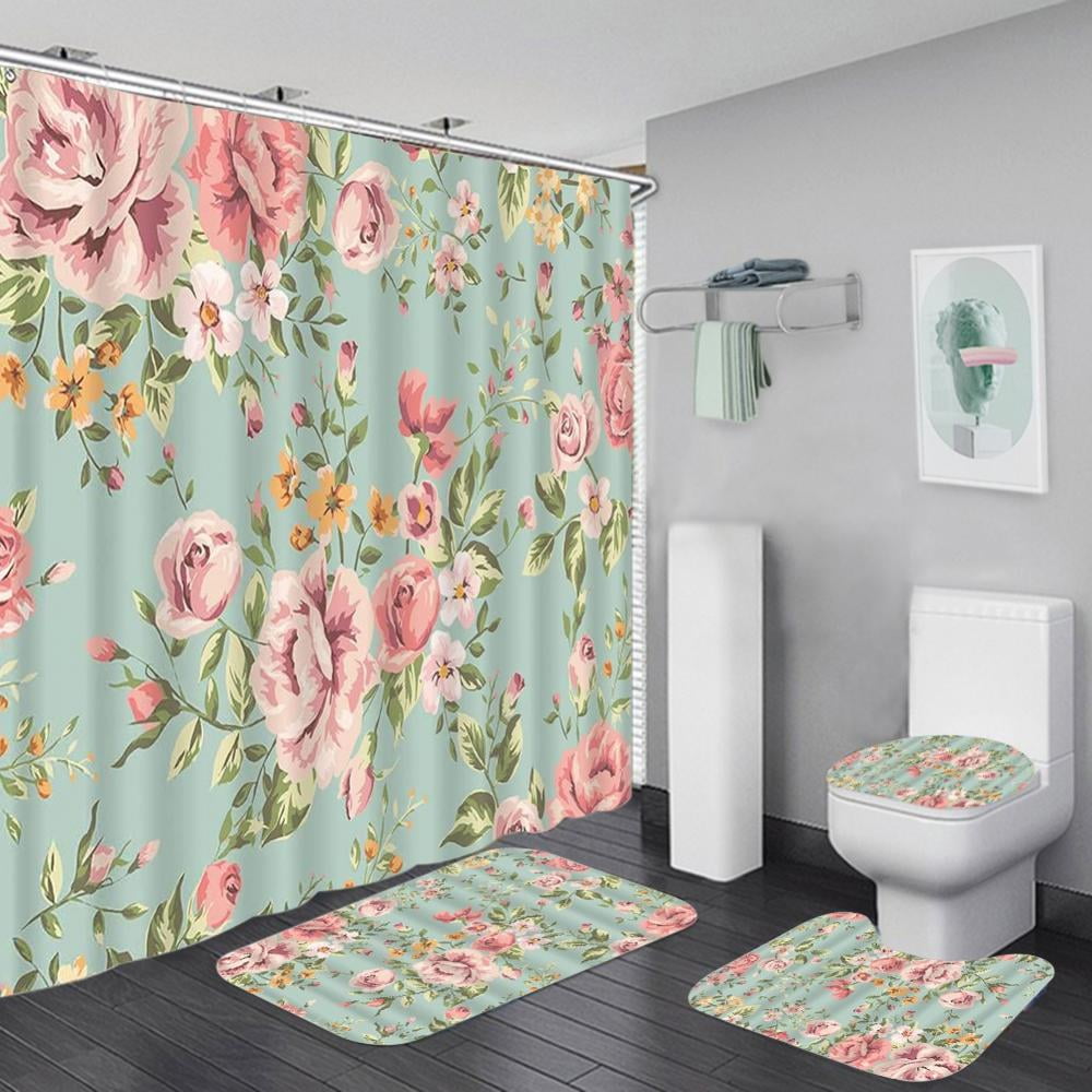 4Pcs/Set 2022 Valentine's Day Shower Curtain Sets with NonSlip Rugs,Bath Mat,Toilet Lid Cover