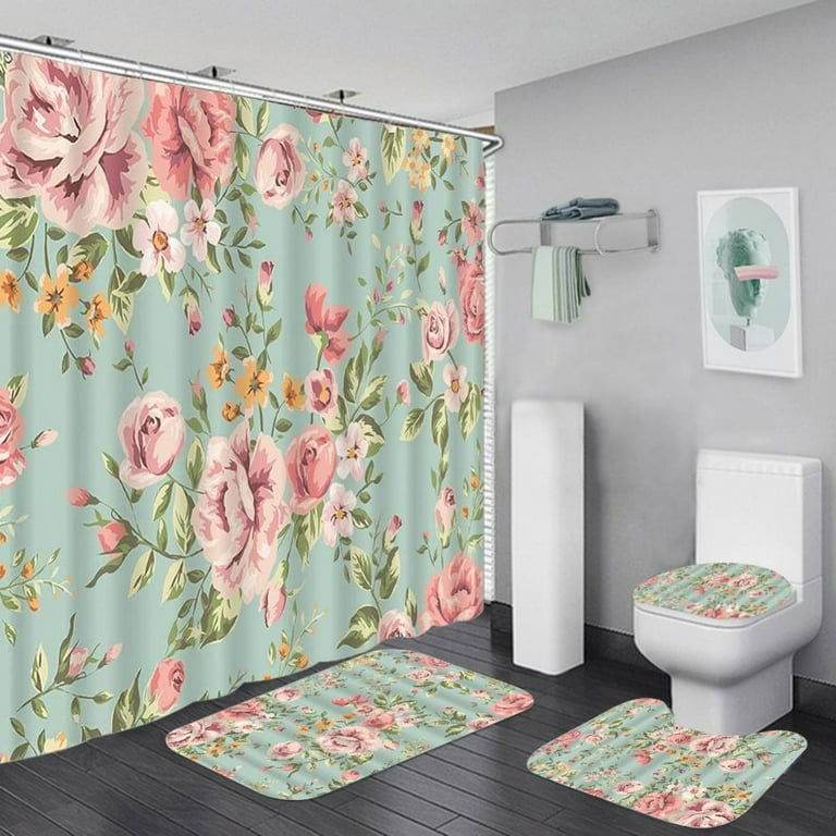 Wisremt Valentines Shower Curtain Set with Non-Slip Rugs, Toilet Lid Cover and Bath Mat, Sweetheart and Rose Flower Waterproof Shower Curtain with