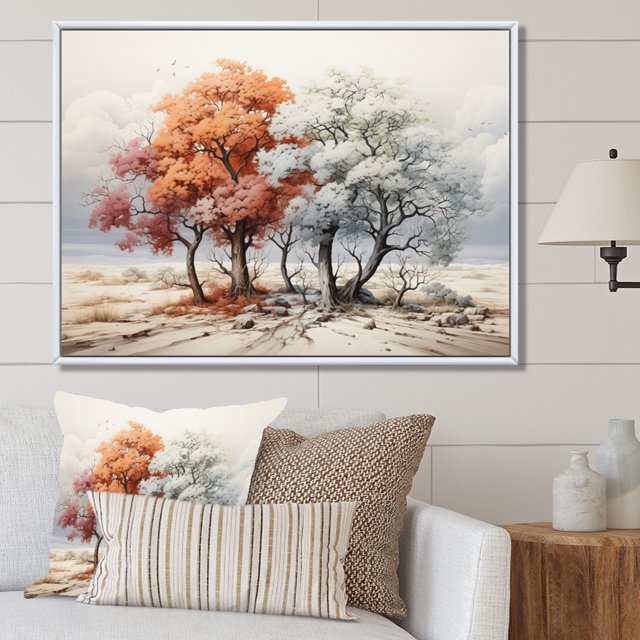 Designart Tree Monochrome framed wall art decor, Tree Monochrome framed wall Art, Arboretum Peach and White Tree , Extra large Traditional White Framed Wall Art, White Color Frame