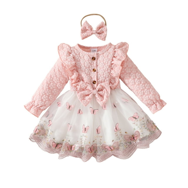 Robes pour Tout-Petites Fille à Volants Manches Longues Robe en Tulle pour Bébé Robe de Printemps pour Filles Robe de Fête pour Filles Tenue pour Bébé Fille 18-24 Mois