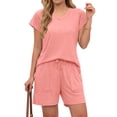 thumbnail image 4 of MOSHU Womens Pajamas Sets V Neck Tops and Drawstring Shorts Sets with Pockets Two Piece Lounge Sets Oufits, 4 of 12