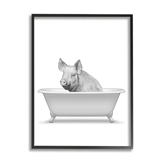 Stupell Industries Pig In Tub Bathroom Animal Animals & Insects Painting Black Framed Art Print Wall Art