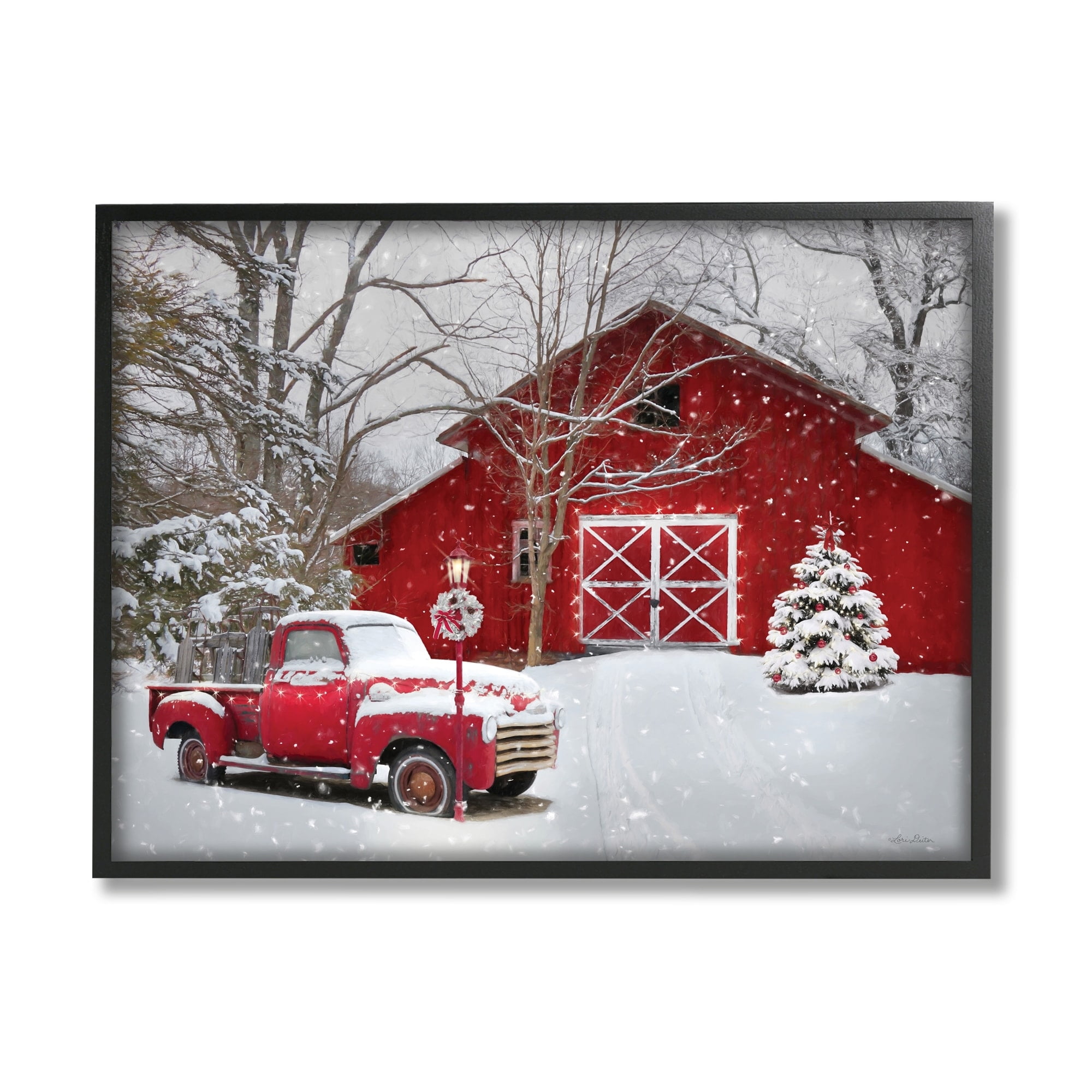 Red Barn & Truck Powdery Snow Rural Scenery Transportation Painting Framed Art Print Wall Art