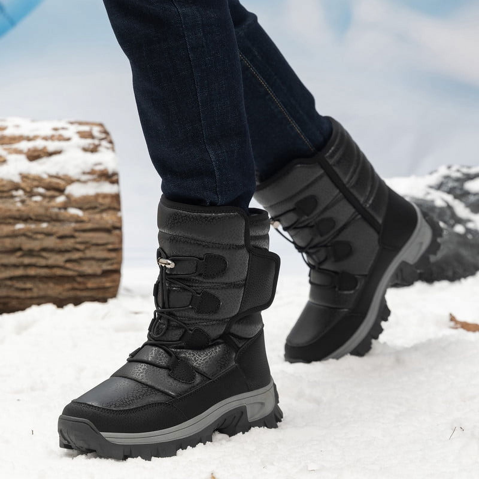 Stepedia Winter Boots Waterproof Warm Shoes Walking Hiking Booties Faux Fur Mid Calf Boots for Men, Black