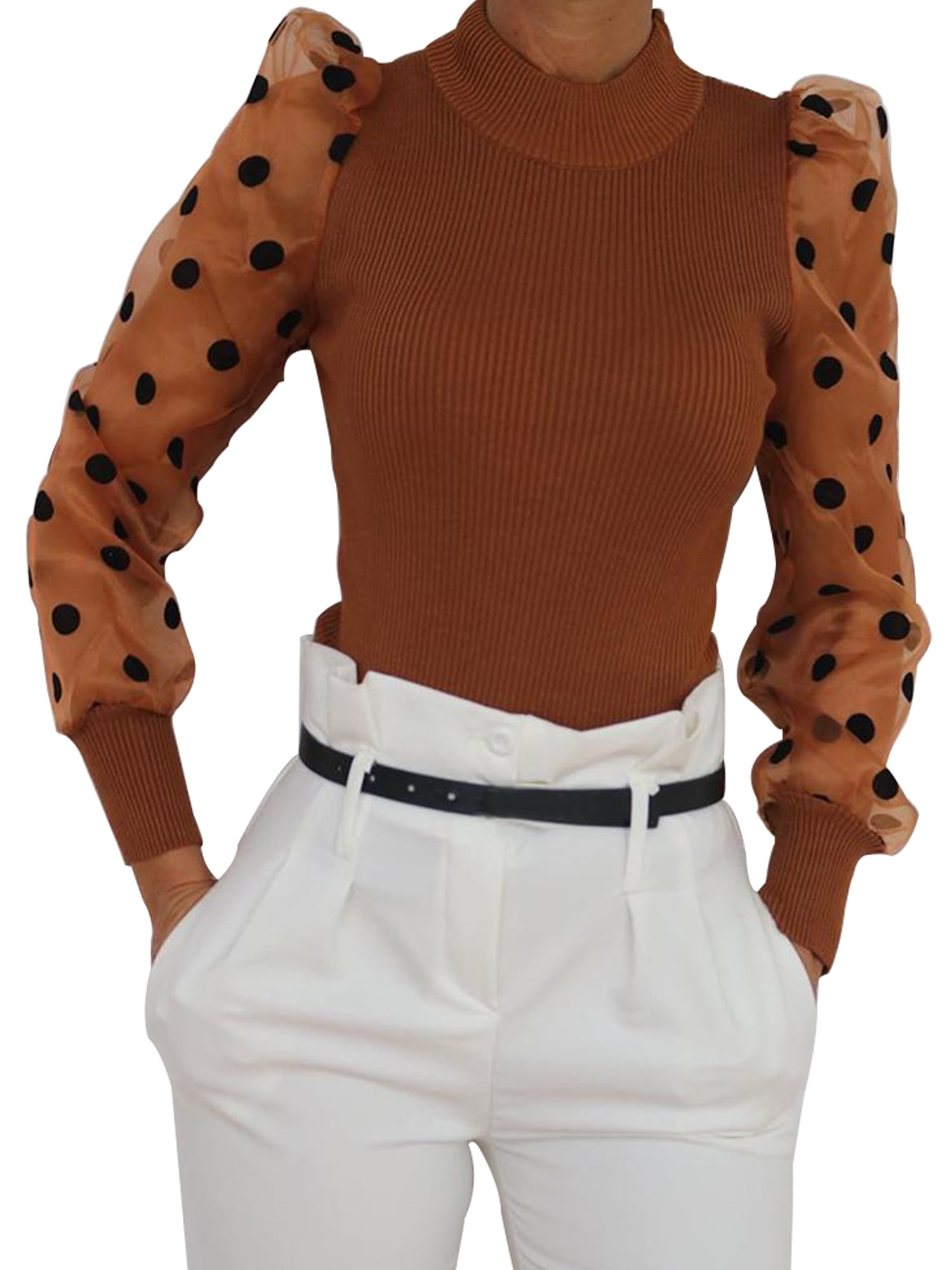 Women Polka Dot Mesh Puff Sleeve Blouse Top Ladies Casual Slim Jumper Pullover