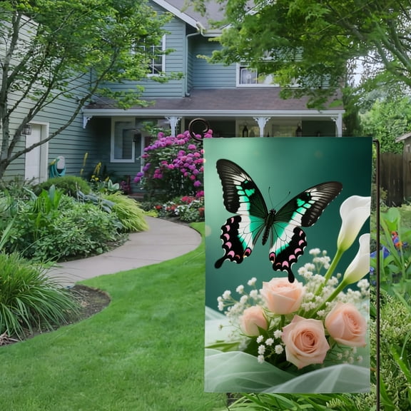 Spring Summer Garden Flag Double Sided Flower Butterfly White Calla Lily Pink Rose Spring Flowers Bouquet Welcome Yard House Outside Outdoor Decoration,12*18 inch