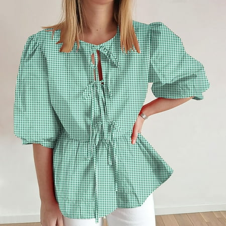 Women Y2K Puff Short Sleeve Peplum Shirts Tie Front Ruffle Hem Babydoll Blouse Tops Teen Girls Lace up Cute Summer Tops  Limited Time Clearance Under 10 Dollars