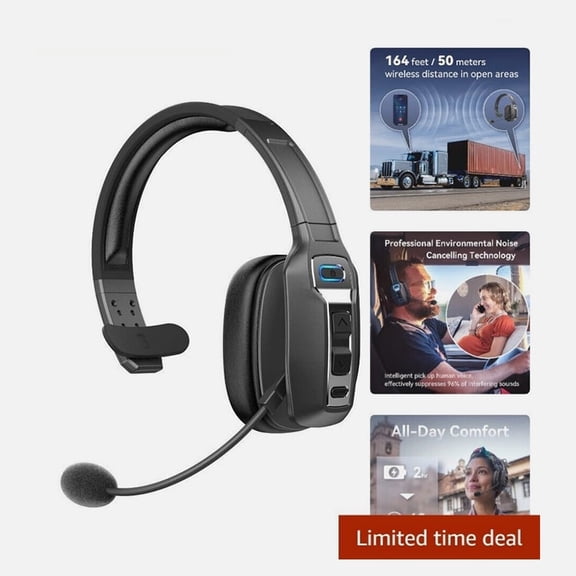 Truck Driver Bluetooth Headset with 270° Adjustable Microphone, AI Noise Cancellation & Mute Button, Supports Hands-Free Calls, for Home/Office/Call Centers (Black)
