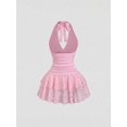 thumbnail image 2 of Pink Lace Halter Neck Ruched Peplum Mini Dress For Women, 2 of 7