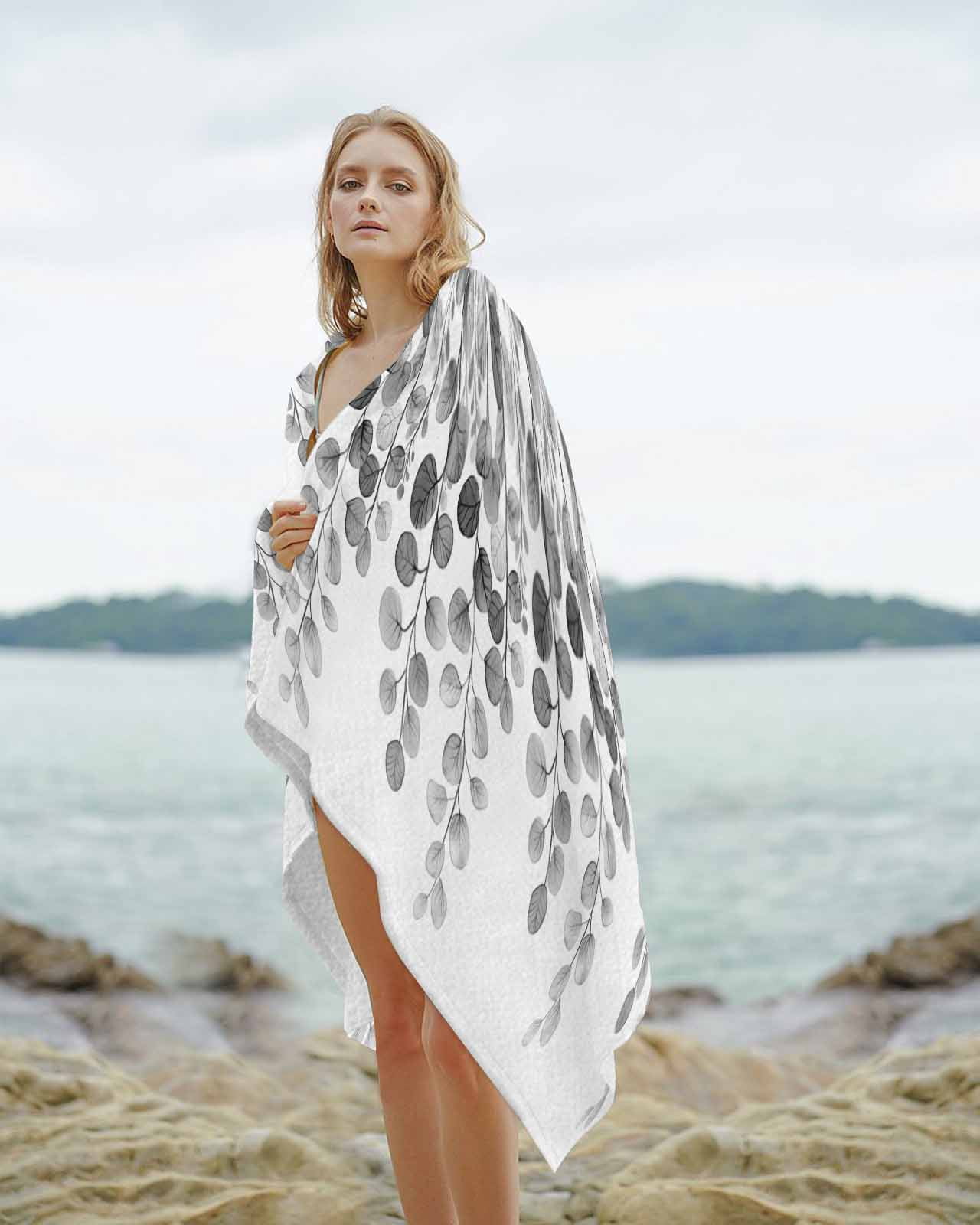 Gray Eucalyptus Leaves Beach Towels Oversized Super Absorbent, Watercolor Floral Leaf Plants Lightweight Bath Towel Quick Dry Sets For Bathroom/Pool/Rv Camping/Beach Play/Gym Room/Picnic 31"x62"