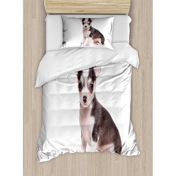 Chihuahua Duvet Cover Set Twin Size, Photo of Little Puppy Posing with Ears and Innocent Eyes, Decorative 2 Piece Bedding Set with 1 Pillow Sham, Pale Eggshell and Taupe, by Ambesonne