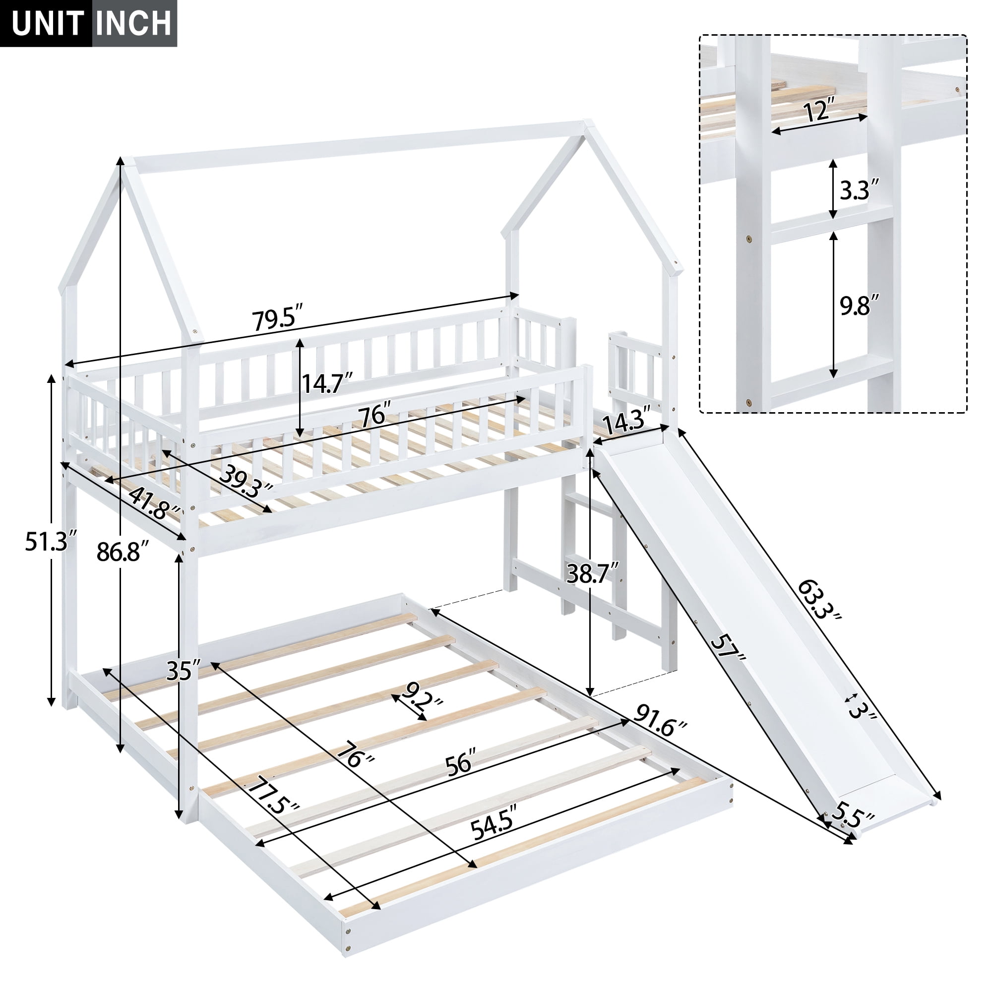 Euroco Wood Twin over Full Bunk Bed, House Bed with Slide for Kids, White