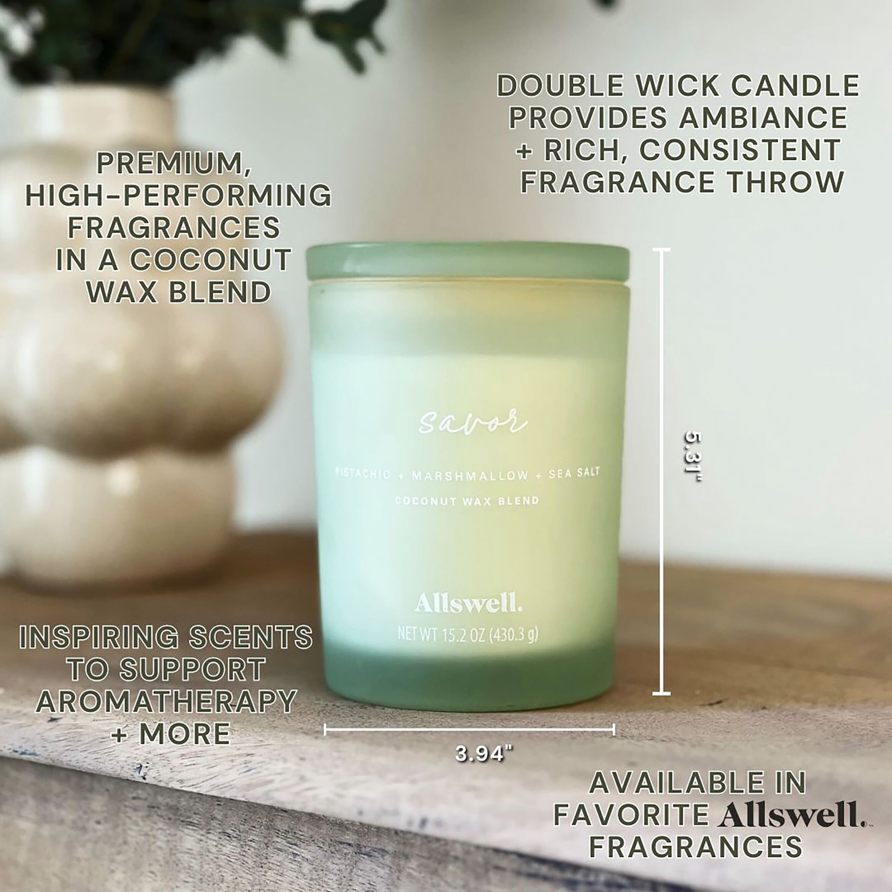 (4 pack) Allswell Savor (Pistachio + Marshmallow + Sea Salt) Scented 2-Wick Spa Jar Candle 15oz.