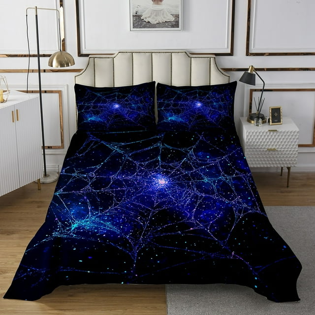 Erosebridal 3D Spider Web Coverlet Set Queen, Neon Galaxy Bedding Set, Glitter Galaxy Reversible Bed Set, Lightweight Room Decor, 3 Pieces