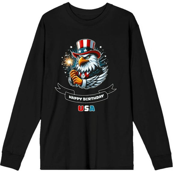 Americana Happy Birthday USA Black Adult Crew Neck Long Sleeve Tee-Medium