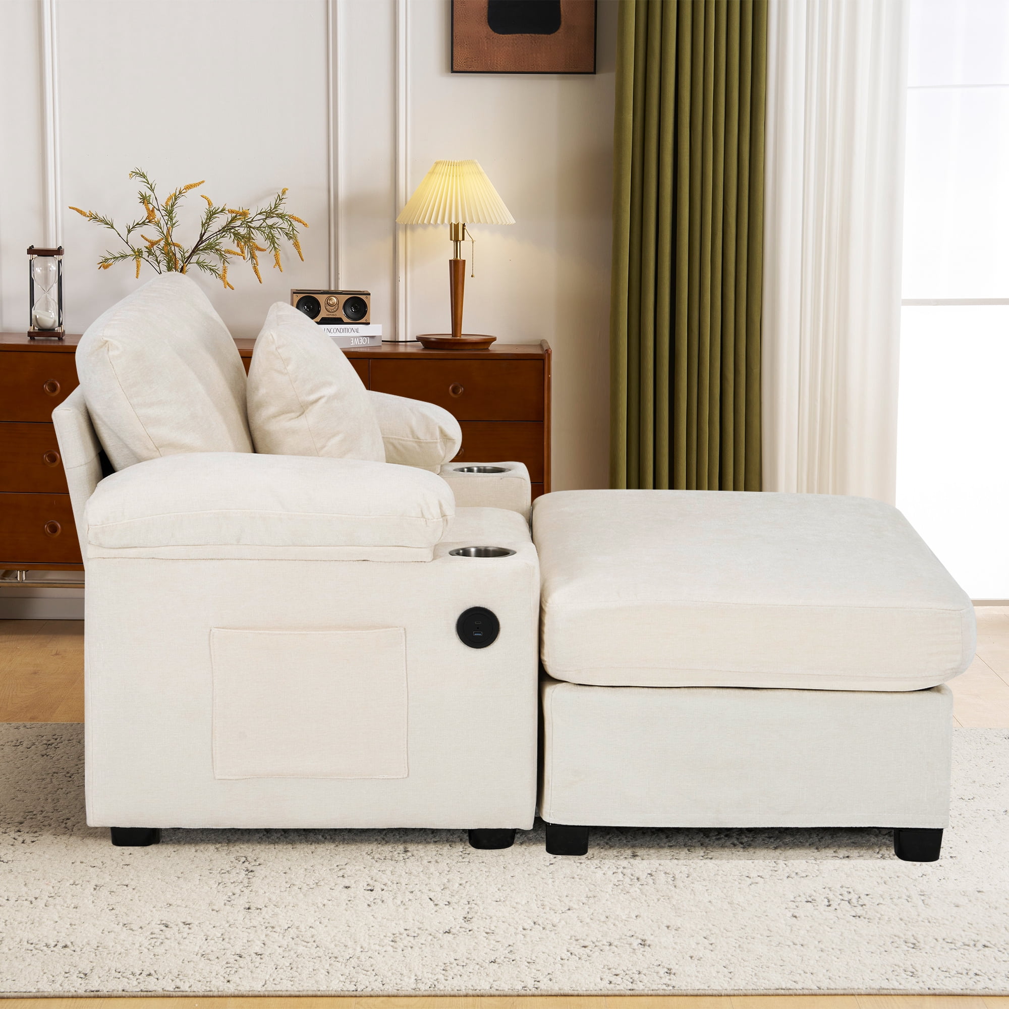 Aukfa 58" Chaise Lounge Oversized Sofa Chair with 2 Cup Holders&USB Ports, Chenille, Beige