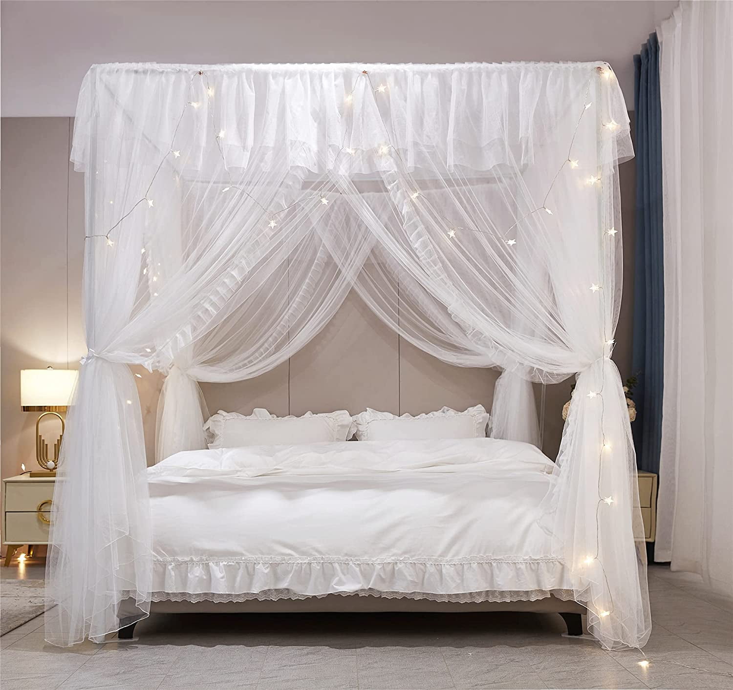 4 Corners Post Ruffle Princess Bed Canopy Curtain-Double Layer Cozy Drape Netting 4 Opening Mosquito Net for Girls Adults Bedroom Decoration (White/White, 53" W*78" L*82"*H/(Full))