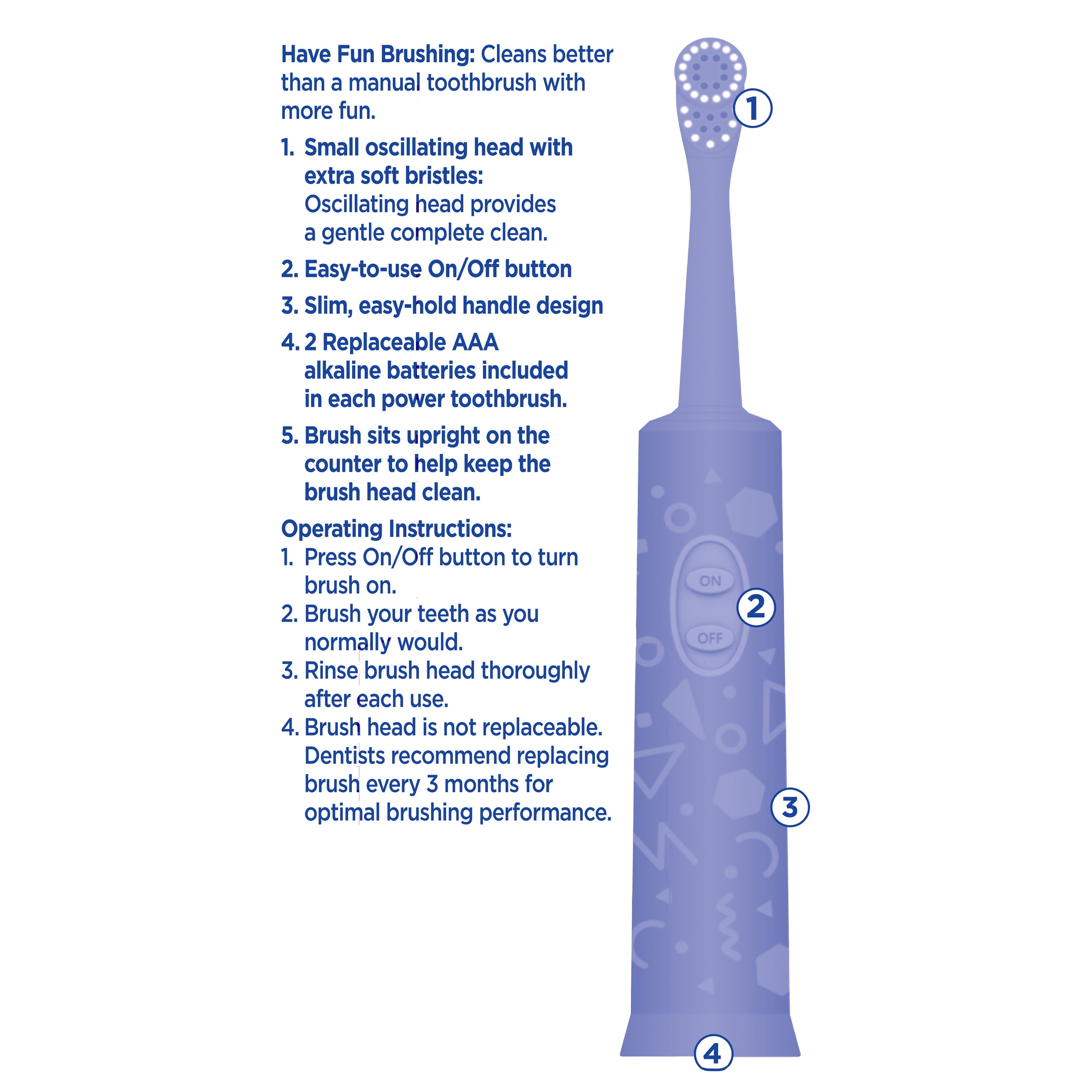(3 pack) Equate Kids Easy Hold Battery-Powered Electric Toothbrush, Blue