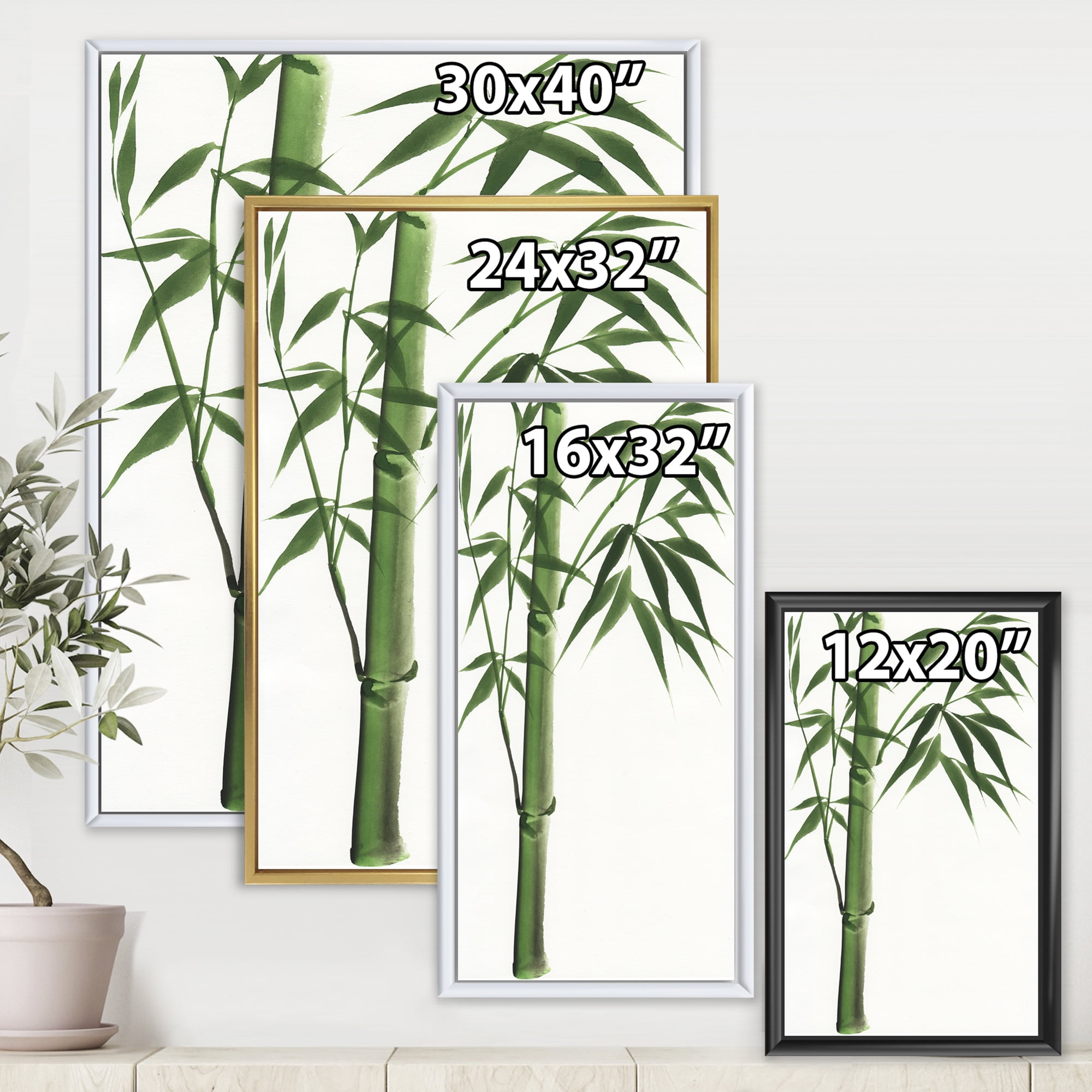 Designart 'Detail Of Dark Green Bamboo On White III' Traditional Framed Canvas Wall Art Print