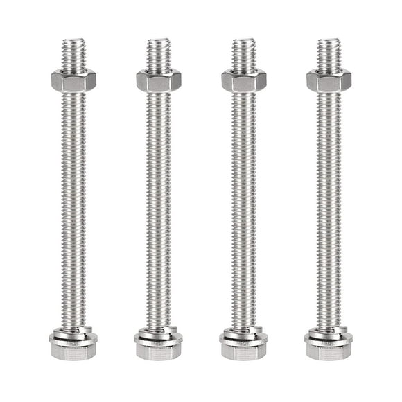 shiyou-M10 x 130mm Hex Head Screws Bolts, Nuts, Flat & Lock Washers Kits, 304 Stainless Steel Fully Thread Hexagon Bolts 4 Sets