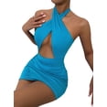 thumbnail image 5 of hirigin Women Mini Bodycon Dress Solid Color Cross Halterneck Cutout Dress Summer Sleeveless Backless Wrapped Hip Dress, 5 of 9