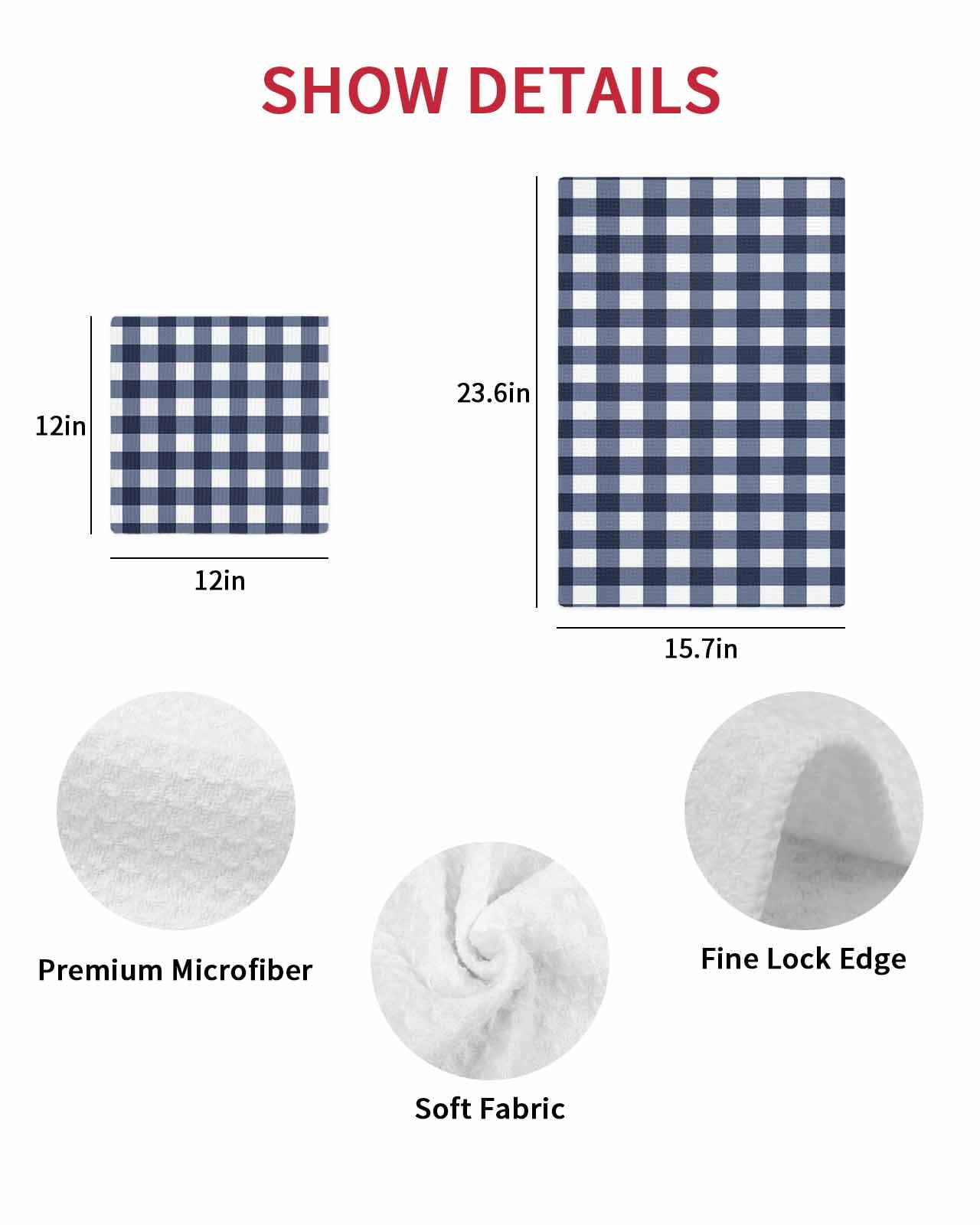 Navy Blue Check Kitchen Dish Towels for Drying Dishes Set of 2, Farmhouse Buffalo Plaid Blue Waffle Weave Microfiber Hand Tea Bathroom Towels Quick Dry & Absorbent Towel 15.7x23.6