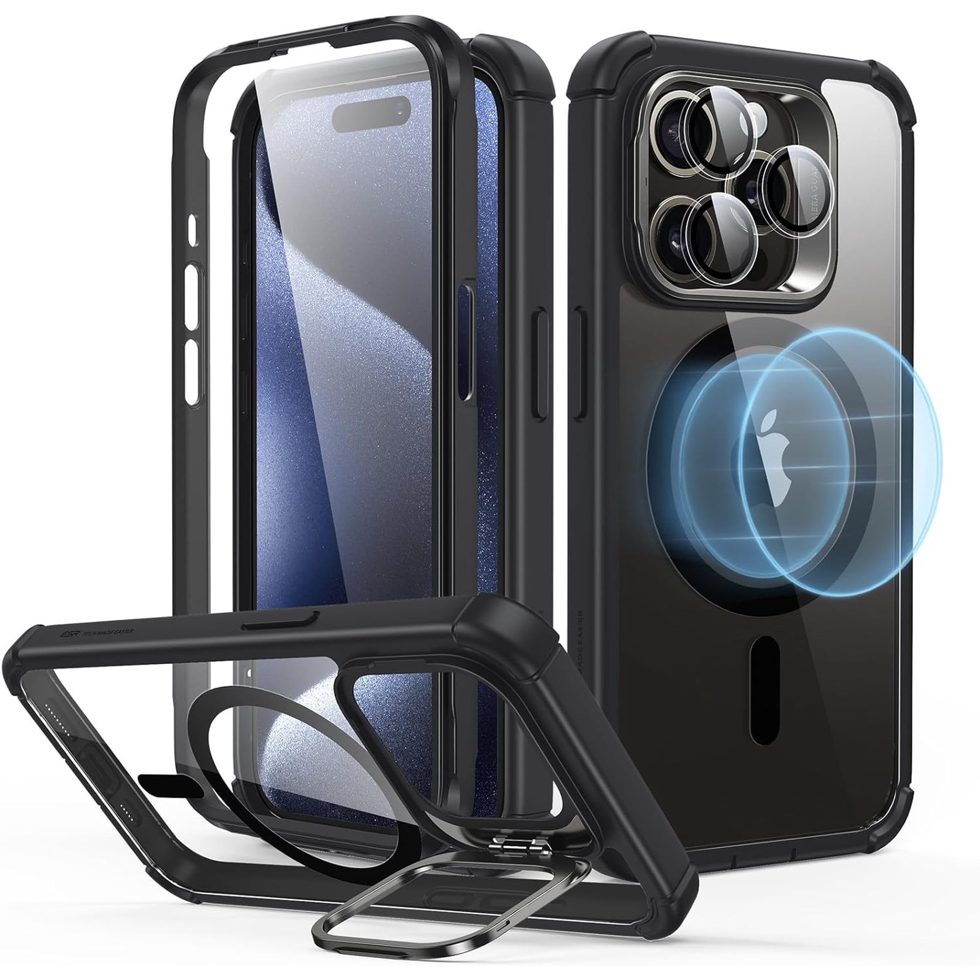 ESR iPhone 15 Pro Case with Stand MagSafe, Military-Grade Drop Proof with 9H+ Tempered Glass Screen Protector, Black