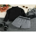 thumbnail image 2 of Toddler Girl Autumn Clothes Set  Ruffled Long Sleeve High Neck Ribbed Pullover + Houndstooth Print Shorts + Belt, 2 of 9