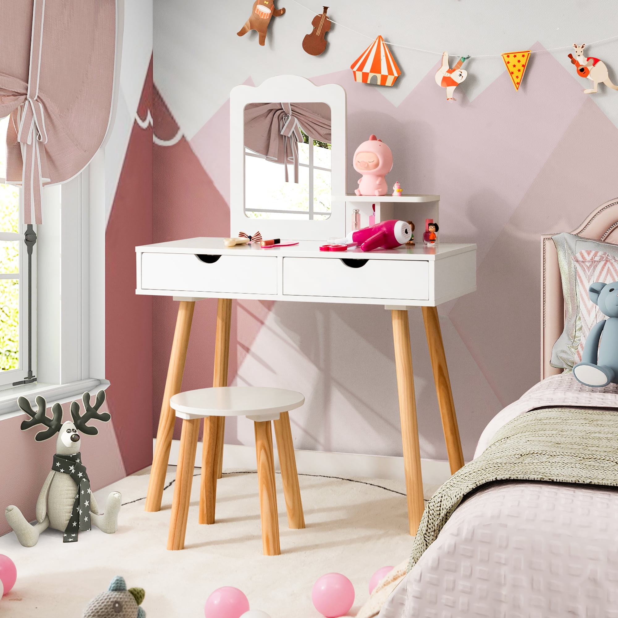Costway Kid Vanity Table Chair Set with Mirror Large Storage Drawers Wooden Legs White