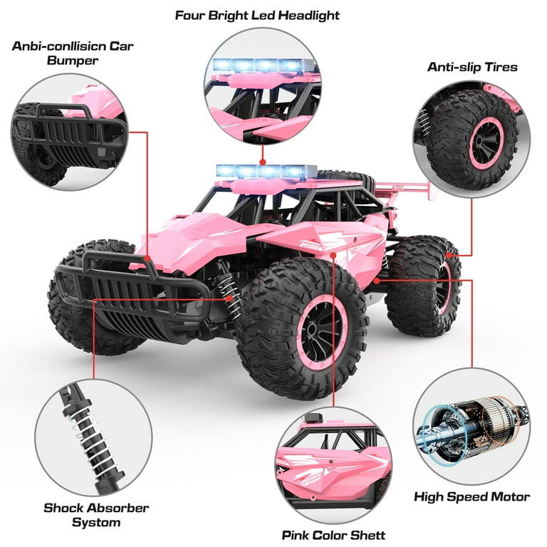 RC Cars for Girls Pink Remote Control Cars 1 16 Scale Monster Trucks with Flashing Chassis Lights Gift for Kids