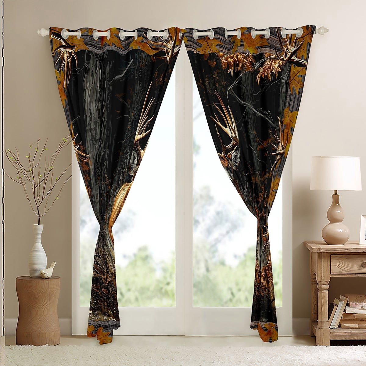 Tree Camouflage Deer 30%-50% Blackout Curtains - Camo Branches Rustic Deer Curtains - Deer Hunting Curtains & Drapes Running Deer Hunting Cabin Lodge Window Curtains (52Wx84L)