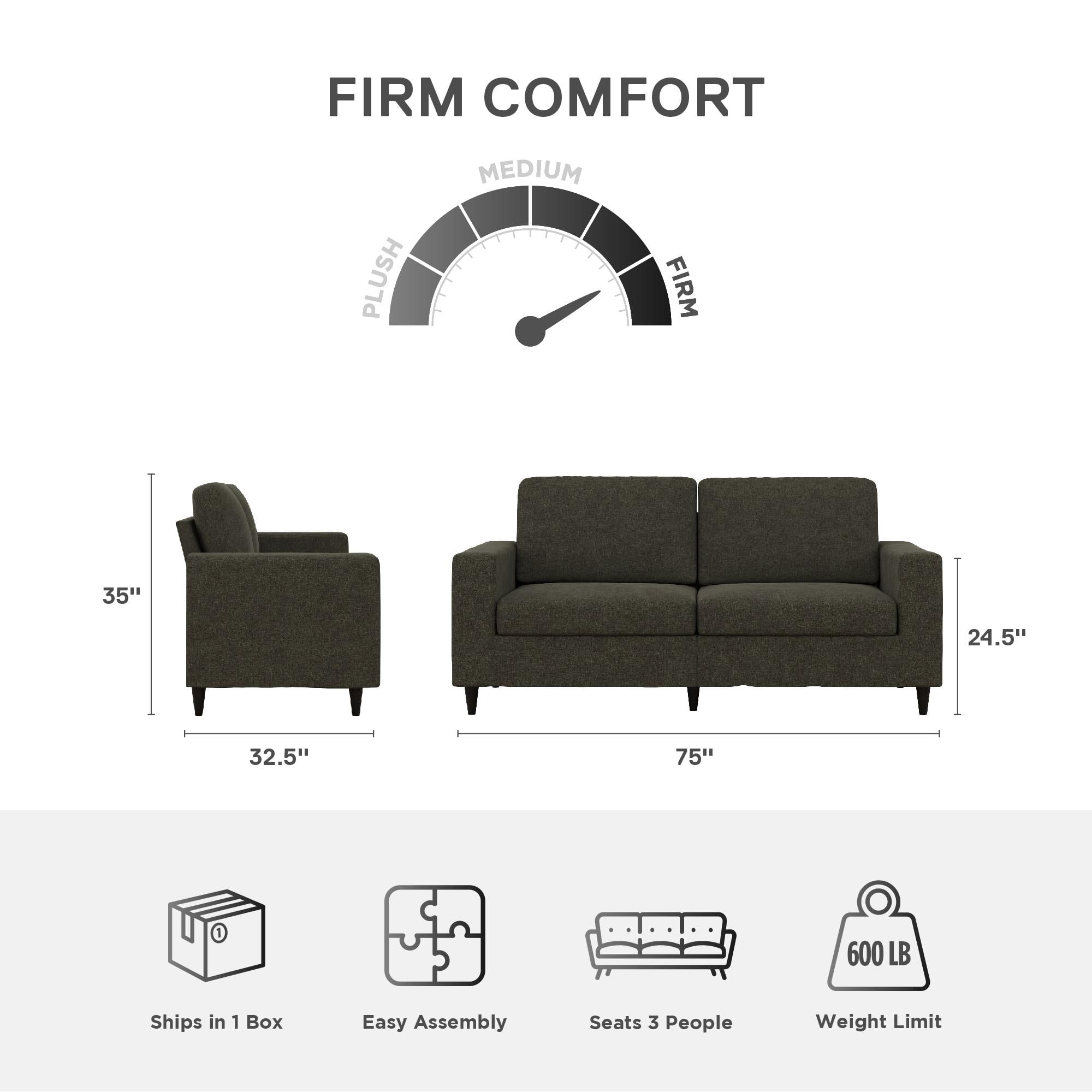 DHP Cooper 3 Seater Sofa, Gray Linen