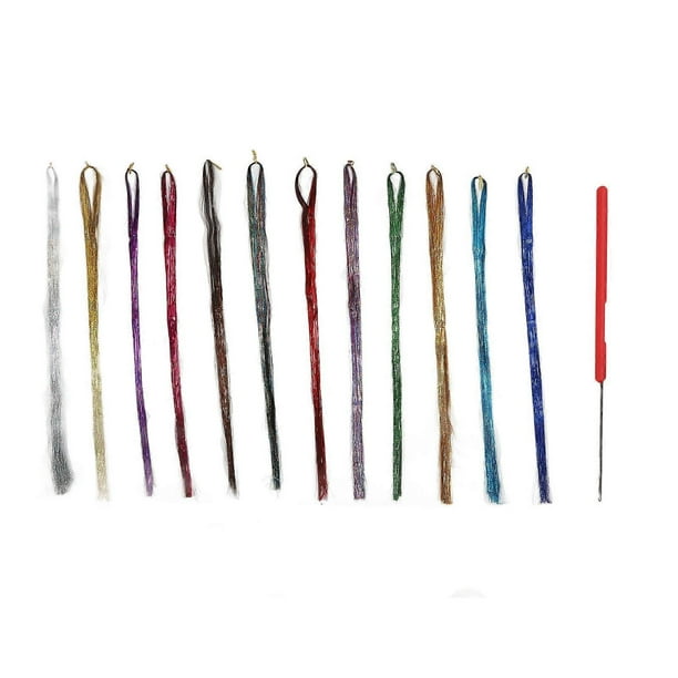 Girls Hair Extensions Kit with Tool 12 Colors Sparkly and Shiny with Glitter Highlights